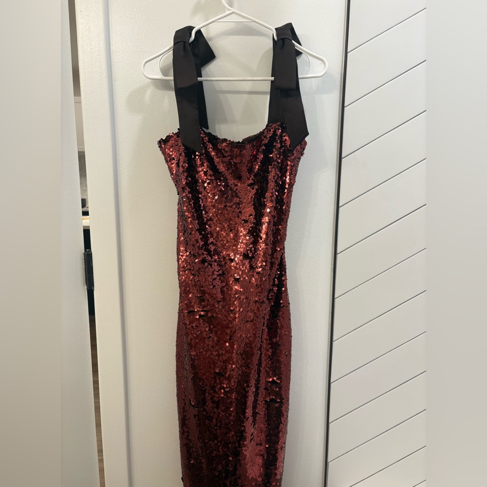 Tuckernuck Red Sequin Maxi Dress with Black Ribbon Straps